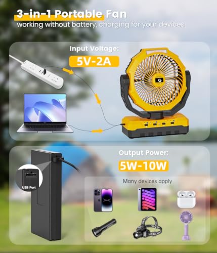 36000mAh Portable Camping Fan - 120HRS Rechargeable Fan with Detachable Battery with LED & Remote - 4 Speeds Battery Powered for Tent,Travel, Office, Jobsite - color: Yellow2