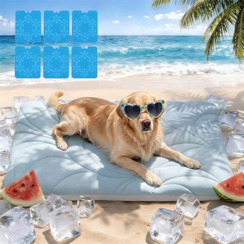 Vagascape Dog Cooling Mat New 5.0 Version Built-in Ice Pack, Long-Lasting Cool 6-8h, 59" x 40" Ultra Thick Soft Vine Pattern Pet Cooling Mat, Washable Foldable Large Cooling Pad for Indoor Outdoor - color: Baby Blue, size: X-Large