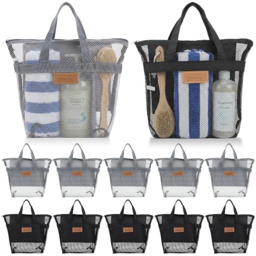 Patelai 12 Pcs Mesh Shower Caddy Portable 12.2 x 10.24 in Large Gym Shower Bag Bulk with Zipper Quick Dry Beach Bag Hanging Toiletry Organizer for Swim Beach Camping Travel College Dorm(Black,Grey) - color: Black,Grey