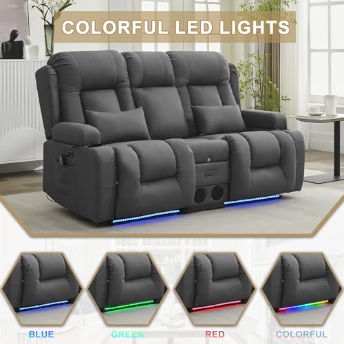 URRED Power Loveseat Recliner Sofa with Massage and Heat, Wall Hugger Reclining Loveseat with Console, RV Couch Home Theater Seating with LED Lights for Living Room (Gray, 67" - 2 Seats) - color: Grey, size: 67" - 2 Seats