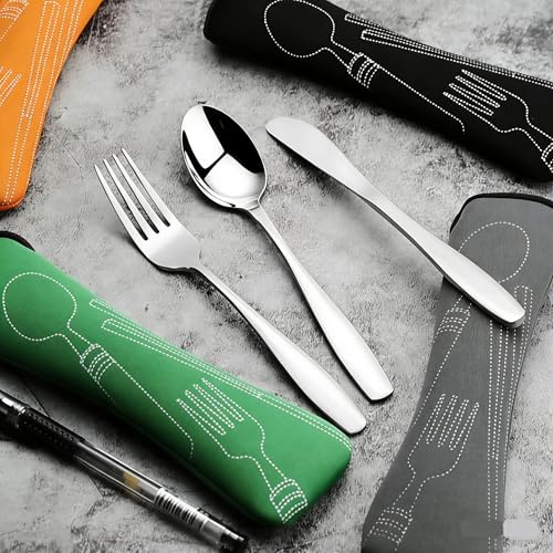 3-Piece Stainless Steel Picnic Cutlery, Portable Silverware Set for Work, Travel Utensil Set w/Case, 4-Pack
