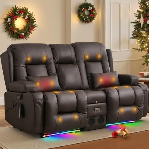 TUNYI Power Loveseat Recliner Sofa with Massage & Heat Home Theater Seating with Console RV Recliner Loveseat Sofa with USB/Storage/Side Pocket/LED Light/Speaker (Brown, Loveseat) - color: Brown, size: 2 Seat