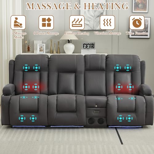 TUNYI Power Loveseat Recliner Sofa with Massage & Heat Home Theater Seating with Console RV Recliner Loveseat Sofa with USB/Storage/Side Pocket/LED Light/Speaker (Dark Grey) - color: Dark Grey, size: 3 Seat with console