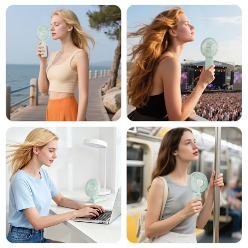 HandFan Upgraded 10,000 mAh Quiet Handheld Fan - 4.5 Inch Large Hand Held Fans Reahargeable, 180° Foldable Portable Fan [30 Working Hours] with Lanyard, Base for Disney/Travel/Concerts/Beach/Office - color: Clear‑Blade Sage Green‑10000mAh