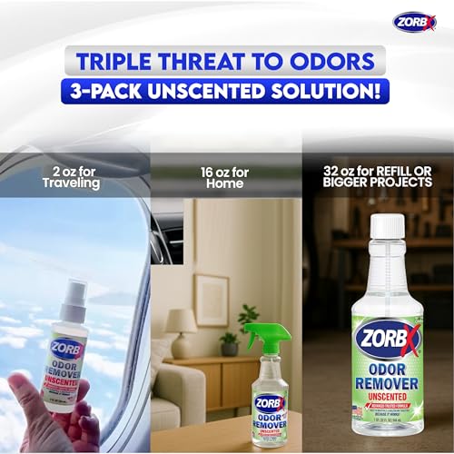 ZORBX Unscented Odor Eliminator Bundle: 32 Oz + 16 Oz + 2 Oz – Hospital-Grade Odor Remover for Pet & Human Urine, Smoke & Strong Household Odors – Carpet, Upholstery, Mattress, Bathroom & Car - size: 16.67 Fl Oz (Pack of 3)