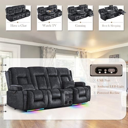 TUNYI Power Loveseat Recliner Sofa with Massage & Heat Home Theater Seating with Console RV Recliner Loveseat Sofa with USB/Storage/Side Pocket/LED Light/Speaker (Grey, 3 Seat with Console) - color: Grey, size: 3 Seat with console