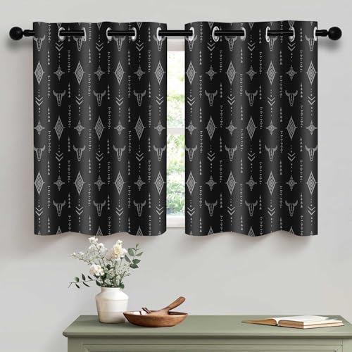 Aztec Western Blackout Small Window Curtains for Kitchen Bedroom, Tribal Bull Skull Boho Grommet Short Thermal Insulated Curtain Native Ethnic Rustic Bathroom Privacy Drapes 2 Panels, 42x36in - color: Black, size: 42"W x 36"L (Pack of 2)