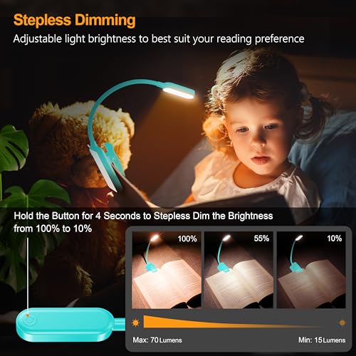 Gritin 16 LED Rechargeable Book Light for Reading in Bed- Eye Caring 3 Color Temperatures, Stepless Dimming Brightness, 80 Hrs Runtime, Lightweight Flexible Clip on Light for Book Lovers-Blue | Eye Caring 3 Color Temperatures, Stepless Dimming Brightness,