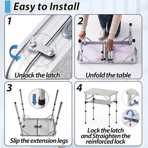 YihuiKo Small Folding Picnic Table with Storage Net, 3 Adjustable Heights 27.5" Aluminum Lightweight Portable Table with Carrying Handle for Camping Travel Indoor - size: 24"L x 16"W x 27"H