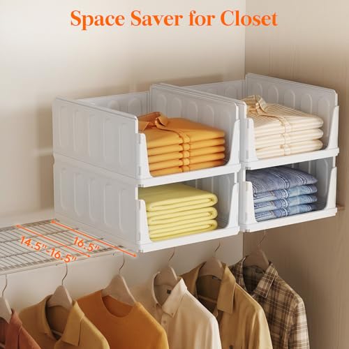 Lifewit 4 Pack Stackable Closet Organizers for Shelf, Plastic Clothes Storage Basket Bins for Wardrobe, Multifunctional Stacking Sweater Containers for Shelves, RV, Pantry, Kitchen, Dorm, 12.6" Wide - size: 16.5" Depth