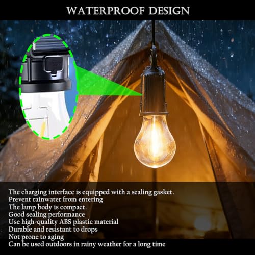 Solar Camping Lantern, Portable LED Camping Light with Light Sensor, USB Rechargeable Tent Light, Dusk to Dawn Waterproof Hanging Emergency Light for Outdoor Hiking Backpacking Patio Warm White 2 Pack