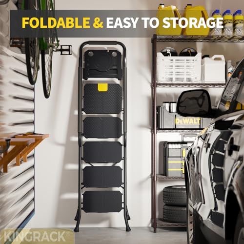 KINGRACK 5 Step Ladder, Sturdy Steel Step Stool with Anti-Slip Wide Pedals, Handrail, Safe-Lock Design, 800lbs Folding Portable Ladder for Multi-Purpose, Home, Kitchen - size: 5-Steps with tool tray