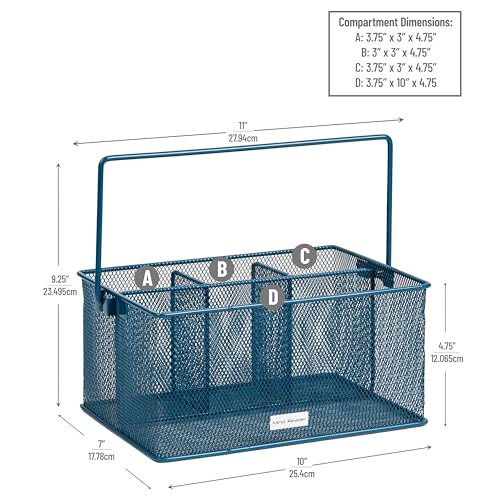 Mind Reader Multi-purpose Storage Caddy with Handle, Desktop Organizer, Cutlery Holder, 4 Compartments, Metal Mesh, Turquoise - color: Turquoise