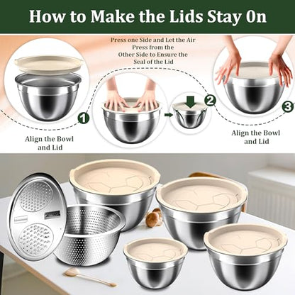Mixing Bowls with Lids Set, 16PCS Stainless Steel Mixing Bowls,Nesting Storage Bowls for Kitchen with Mixing Bowls Set, Colander, Strainer & Grater , Metal Salad Bowl for Kitchen Gadgets , Cream - color: Cream