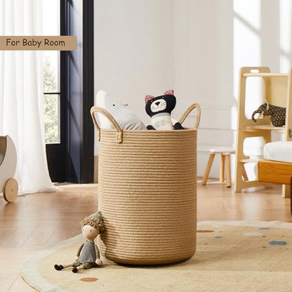 15Dx20H Inches Jute Woven Laundry Hamper Basket Wicker Rope Clothes Hamper Tall Rattan Blanket Basket in Living Room Bedroom 62L Large Capacity - color: Jute, size: Large (62L)