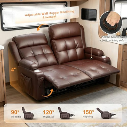 Reclining Loveseat, 55.1" RV PU Leather Wall Hugger Recliner Love Seats Sofa with Charging Station, Removable Armrest, Cup Holder, Double Recliners Couch, Manual Love Seat for Living Room - color: Copper Brown, size: Hera - Loveseat
