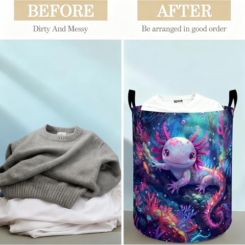 Axolotl Laundry Basket Hamper for Boys Girls Kids Adults, Foldable Waterproof Oxford Clothes Storage Bin, Ocean Organizer for Bedroom Bathroom Room Decor 19.7"x15.8" - style: Axolotl