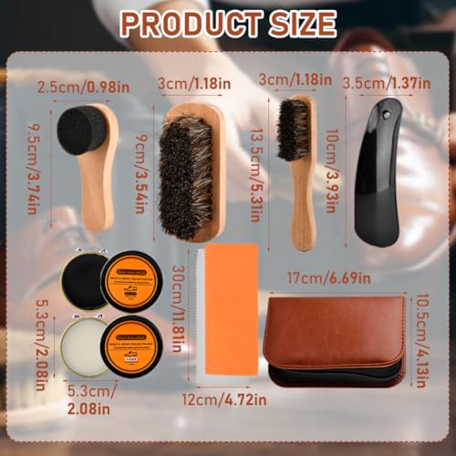 9-in-1 Shoe Polish Kit with 3 Brushes, 2 Shoe-Polishes and more, Shoe-Shine-Kit for Leather Shoe Boot Cleaning and Care(COLOR:Brown)