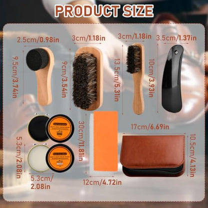 9-in-1 Shoe Polish Kit with 3 Brushes, 2 Shoe-Polishes and more, Shoe-Shine-Kit for Leather Shoe Boot Cleaning and Care(COLOR:Brown)