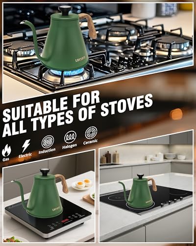 Gooseneck Kettle Stovetop with Thermometer for Durable 3-Layer Base，Pour Over Kettle Stainless Steel Tea Kettle Compatible with all Stove Tops (Green, 37 fl oz) - color: Green