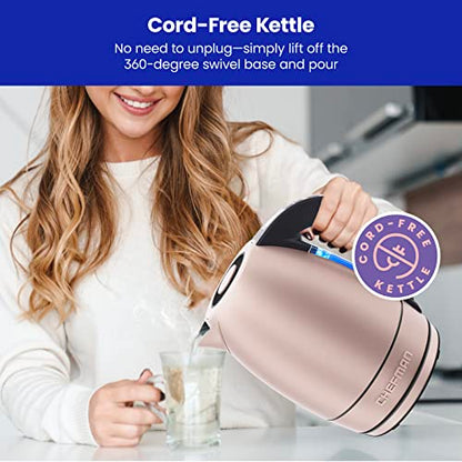 Chefman Electric Tea Kettle, 1.8 Liter Hot Water Electric Kettle Temperature Control Water Boiler with 5 Presets, Tri-Colored LED Lights, Keep Warm, Automatic Shutoff, Rose - color: Rose, style: Stainless Steel