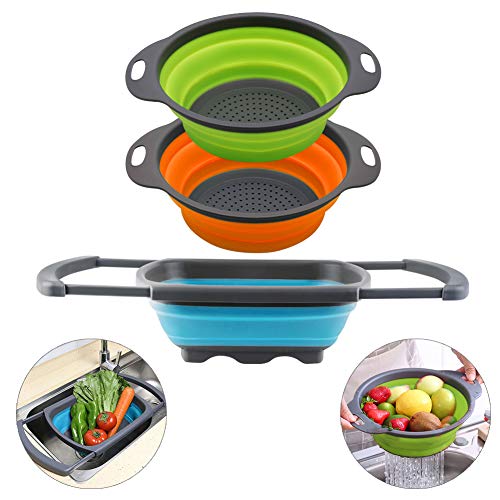 QiMH Collapsible Colander Set of 3-2 PC 4 Quart and 1 PC 6 Quart Over the Sink Colander - Food-Grade Sturdy Plastic Base - Round Space-save Silicone Kitchen Foldable Food Strainer - color: blue,orange,green