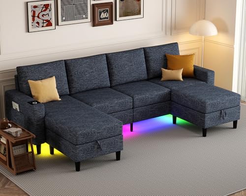 Sectional Couches for Living Room, 4 Seat Sectional Sofa with Smart Module-Wireless Charging/USB/Type-C/RGB Light, U Shaped Couch with Reversible Chaise Lounge/Storage Ottoman (Blue) - color: Blue, size: Durable Linen Blend