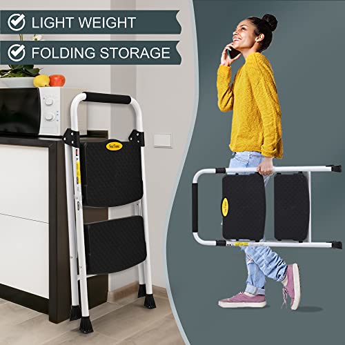 SocTone 2 Step Ladder, Folding Step Stool for Adults with Handle, Lightweight, Perfect for Kitchen& Household, 500lbs Capacity Sturdy Steel Ladder, White - size: 2-Step