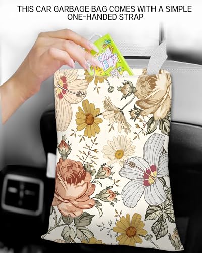 Car Trash Can, Durable Hanging Car Trash Garbage Bag, Cute Automotive Garbage Cans Organizer, Retro White Flowers - color: Retro White Flowers