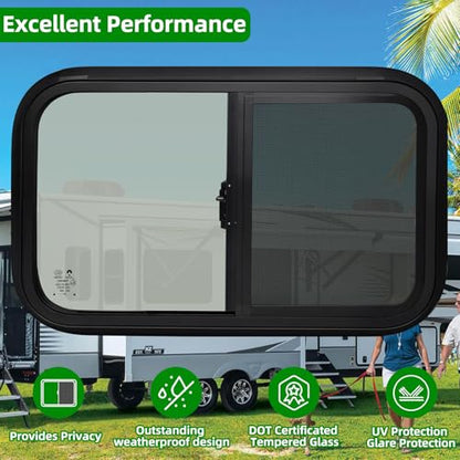 NOVINO Cargo Trailer Windows,18" Wx15 H RV Windows for Cargo Trailer/Camper/Travel Trailer with Trim Ring,Horizontal Sliding Replacement Fit 15/16" or 1-3/8" Thick Wall,Allow Error 1/16”,DOT Approved - size: 18"W x 15"H