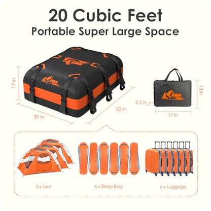 Car Rooftop Cargo Carrier Bag 20 Cubic Feet, 100% Waterproof Heavy Duty Car Roof Bag for All Vehicle with/Without Racks - Anti-Slip Mat, 6 Door Hooks, Storage Bags, 5CM Straps(Orange)