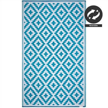 FH Home Outdoor Rug - Waterproof, Fade Resistant, Reversible - Premium Recycled Plastic - Geometric - Large Patio, Deck, Sunroom, Camping, RV - Aztec - Teal & White Crease Free - 6 x 9 ft - color: Aztec - Teal & White, size: 6' x 9' (Rectangular)