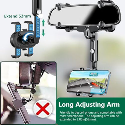ILKCC Rearview Mirror Phone Holder for Car, 360° Rotating and Retractable Multifunctional Rear View Phone Mount, Upgraded Four Corners Fixed Anti-Shake Fit All Smartphones & Bigger Vehicle