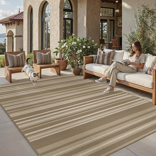 6x9 Easy Jute Stripe Area Rug Washable Beige Brown Indoor Outdoor Rug Non Slip Neutral Modern Decor Carpet for Living Room Bedroom Farm Patio Porch Backyard Courtyard - color: Easy Jute | Beige/Brown, size: 6' x 9' (Rectangular)