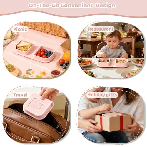 Pink Silicone Foldable Baby Feeding Set, Baby Travel Essential Including Toddler Plates, Spoon&Fork, Adjustable Foldable Bib, Portable Infant Toddler Utensils - color: Pink