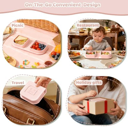 Pink Silicone Foldable Baby Feeding Set, Baby Travel Essential Including Toddler Plates, Spoon&Fork, Adjustable Foldable Bib, Portable Infant Toddler Utensils - color: Pink