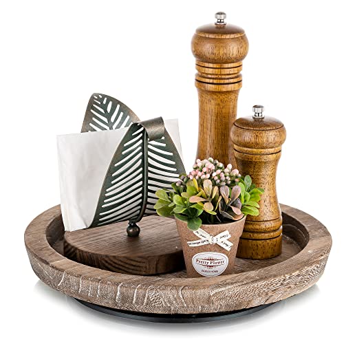 Turntable Rustic Wooden Serving Tray: Hanobe Round Wood Decorative Vintage Centerpiece Candle Holder Trays Farmhouse Ottoman Tray with Turn Table for Kitchen Countertop Coffee Table - color: Distressed & Turnable