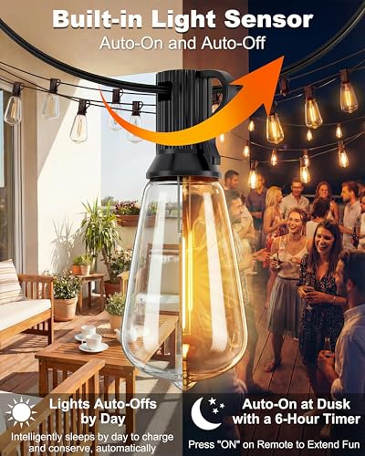 Solar String Lights Outdoor Waterproof, 54FT Patio Lights Solar Powered with Remote & USB, 10 Brightness Levels & Timer, 3 Light Modes, 15+1 ST38 LED Shatterproof Bulbs for Backyard, Camping - size: 54FT (15Bulbs)