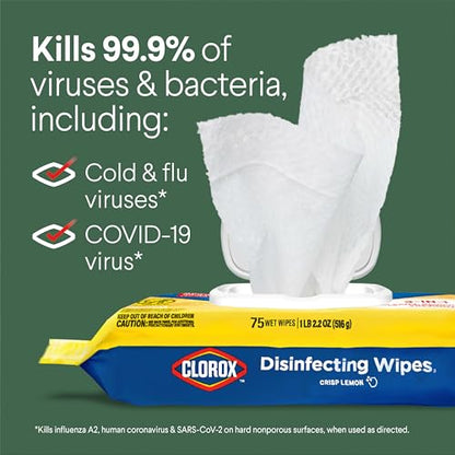 Clorox Disinfecting Cleaning Wipes Flex Pack, Bleach Free, Crisp Lemon, 75 Count (Pack May vary) - size: 75 Count (Pack of 1)