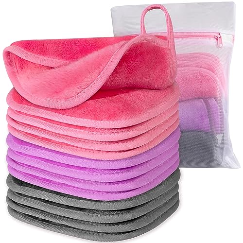 Makeup Remover Cloth, 6" x 6" Make Up Towels Reusable Face Cloth for Washing Face, 12 Pack Makeup Remover Pads Microfiber Face Washcloth with Mesh Bag, Just Water, Grey/Purple/Pink - color: MixColor-2