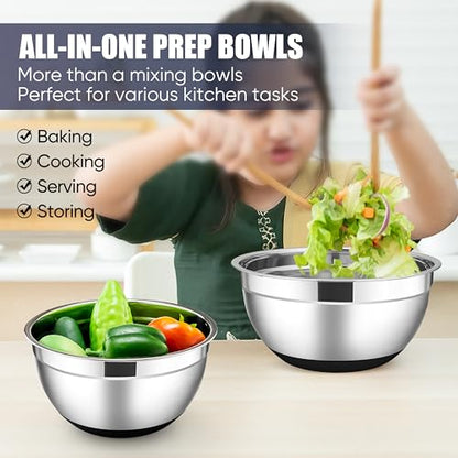 E-far Stainless Steel Mixing Bowls with Lids Set, 5-Piece Nesting Salad Bowls with 3 Grater Attachments and Non-Slip Bottoms, Size 4.6, 2.6, 2, 1.5, 1QT for Kitchen (Black) - color: Black, size: 5 Regular Sizes