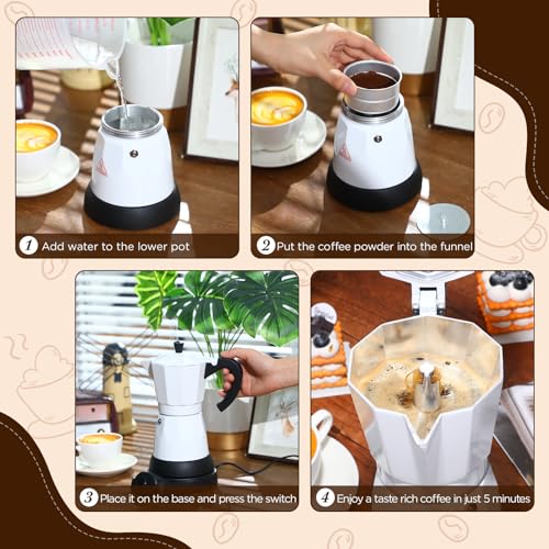 Coffee Pot 6 Cup Electric Espresso Coffee Maker Italian Moka Maker 300ml Portable Aluminum Espresso Machine Cafetera Moka Pot with Detachable Base, Gift for Home Travel(White) - color: White
