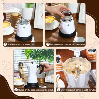 Coffee Pot 6 Cup Electric Espresso Coffee Maker Italian Moka Maker 300ml Portable Aluminum Espresso Machine Cafetera Moka Pot with Detachable Base, Gift for Home Travel(White) - color: White