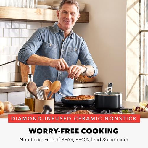 GreenPan x Bobby Flay 13 Piece Nonstick Cookware Pots and Pans Set, PFAS-Free Diamond Ceramic, Induction Suitable, Easy Clean Dishwasher & Oven Safe, Stay-Cool Silicone Handles, Glass Lids, Black - color: Black