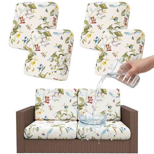 Smiry Waterproof Patio Cushion Covers, Stretch Outdoor Couch Slipcovers Replacement Washable Furniture Protector Sofa Chair Seat Cover for Dogs and Pets (4 Pcs, Beige and Green) - color: Beige and Green, size: 4PCS