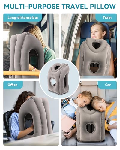 Inflatable Travel Pillow, Airplane Neck Pillow Comfortably Supports Head and Chin for Airplanes, Trains, Cars Office Napping on The Tray Table (Grey) - color: Grey(upgraded)