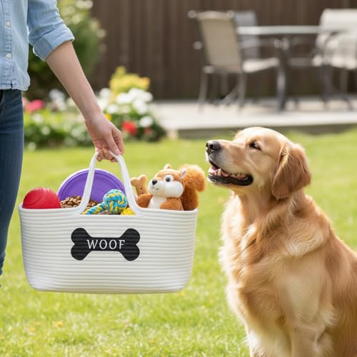 Dog Toy Basket, Cotton Rope Pet Storage Bin with Handles, Woven Organizer for Dog Toys, Leashes, Blankets, Grooming Supplies, Living Room Bedroom, Beige