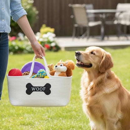 Dog Toy Basket, Cotton Rope Pet Storage Bin with Handles, Woven Organizer for Dog Toys, Leashes, Blankets, Grooming Supplies, Living Room Bedroom, Beige
