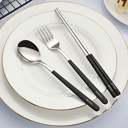 DEVICO Portable Travel Utensils with Case, Reusable Camping Silverware for Lunch, 18/8 Stainless Steel Cutlery Set (Black) - color: Black