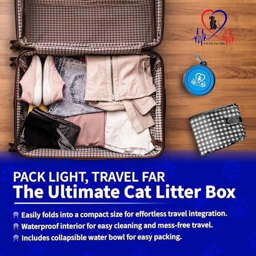 Pet Fit For Life - Vibrant Collapsible Travel Cat Litter Box - Portable, Foldable, Compact Design with Bonus Water Bowl - Ideal for Car & Camping - Reusable, Cats Safe - Black, (16"x12"x5") - color: Black
